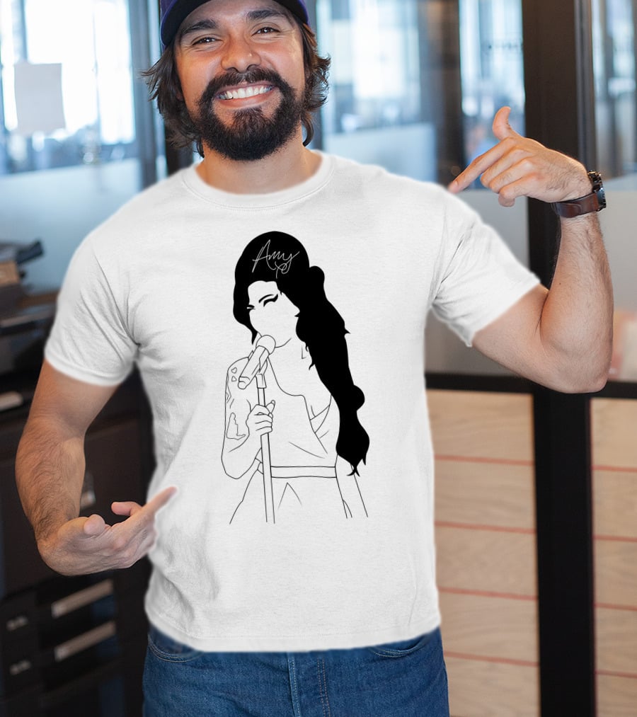 Amy Winehouse Line Art With Signature Mic Pose T-Shirt