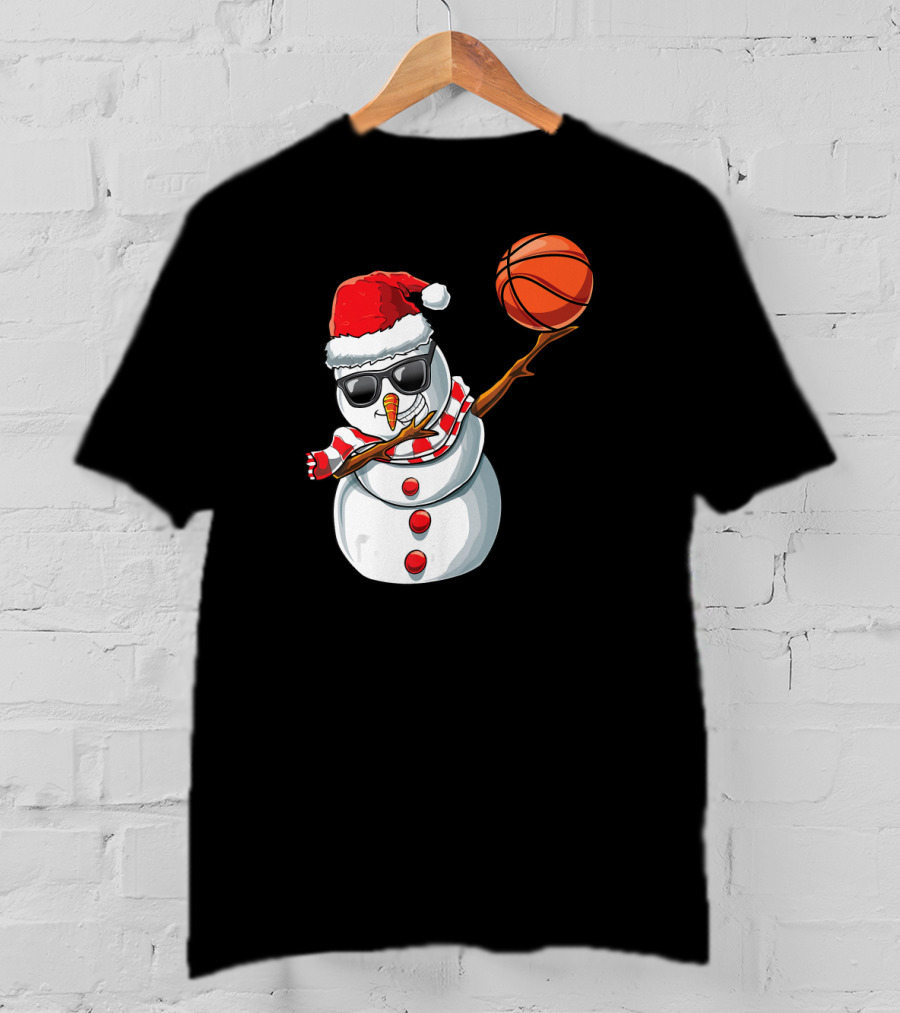 Christmas Snowman Dabbing Basketball Santa Scarf Glasses T-Shirt