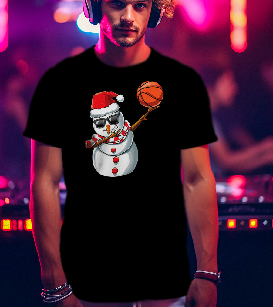 Christmas Snowman Dabbing Basketball Santa Scarf Glasses T-Shirt