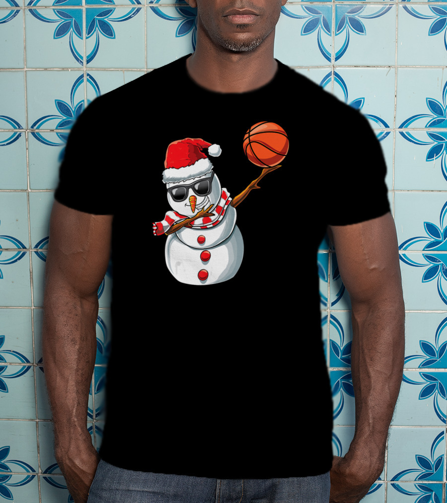 Christmas Snowman Dabbing Basketball Santa Scarf Glasses T-Shirt