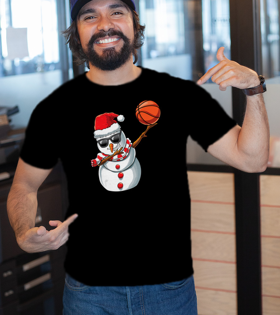Christmas Snowman Dabbing Basketball Santa Scarf Glasses T-Shirt