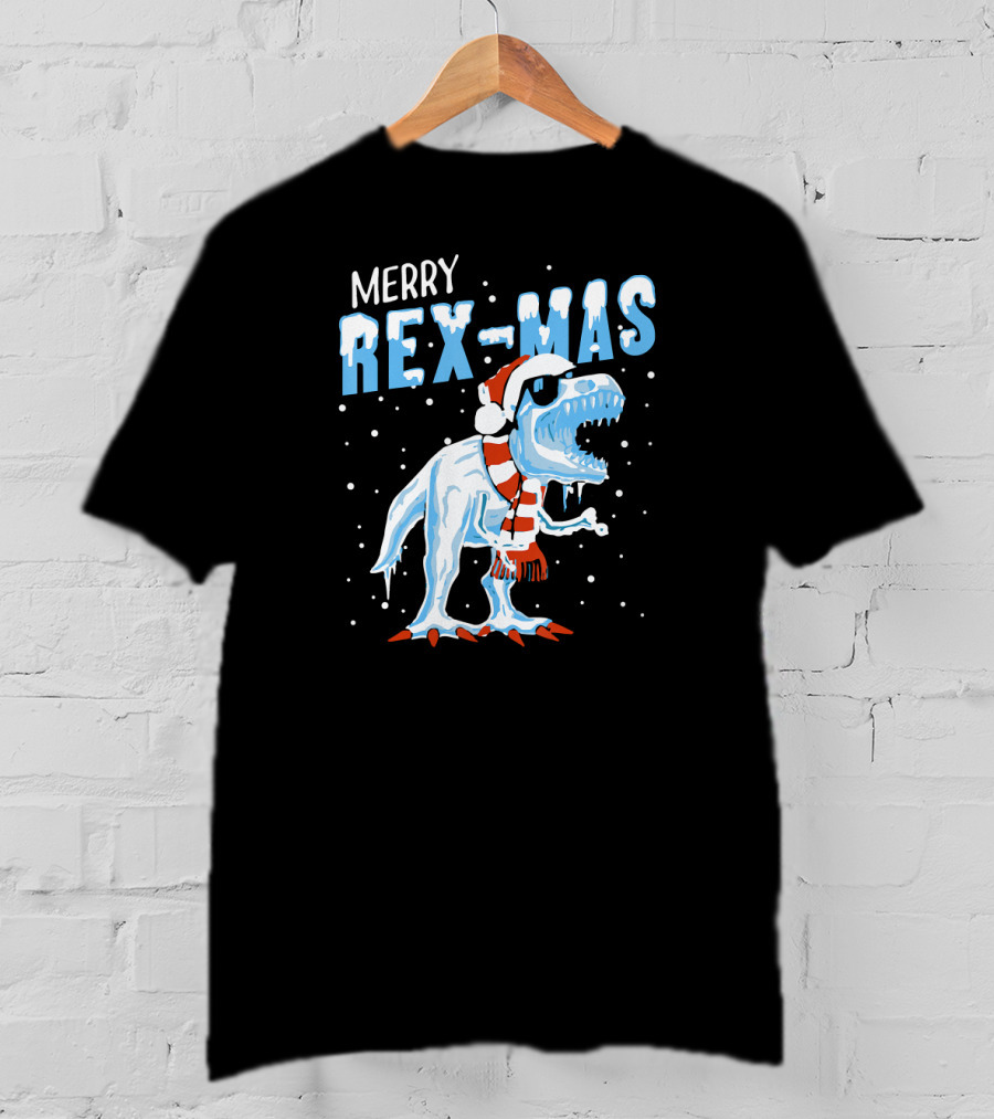 Merry Rexmas Christmas Dinosaur Wearing Santa Hat And Scarf T-Shirt