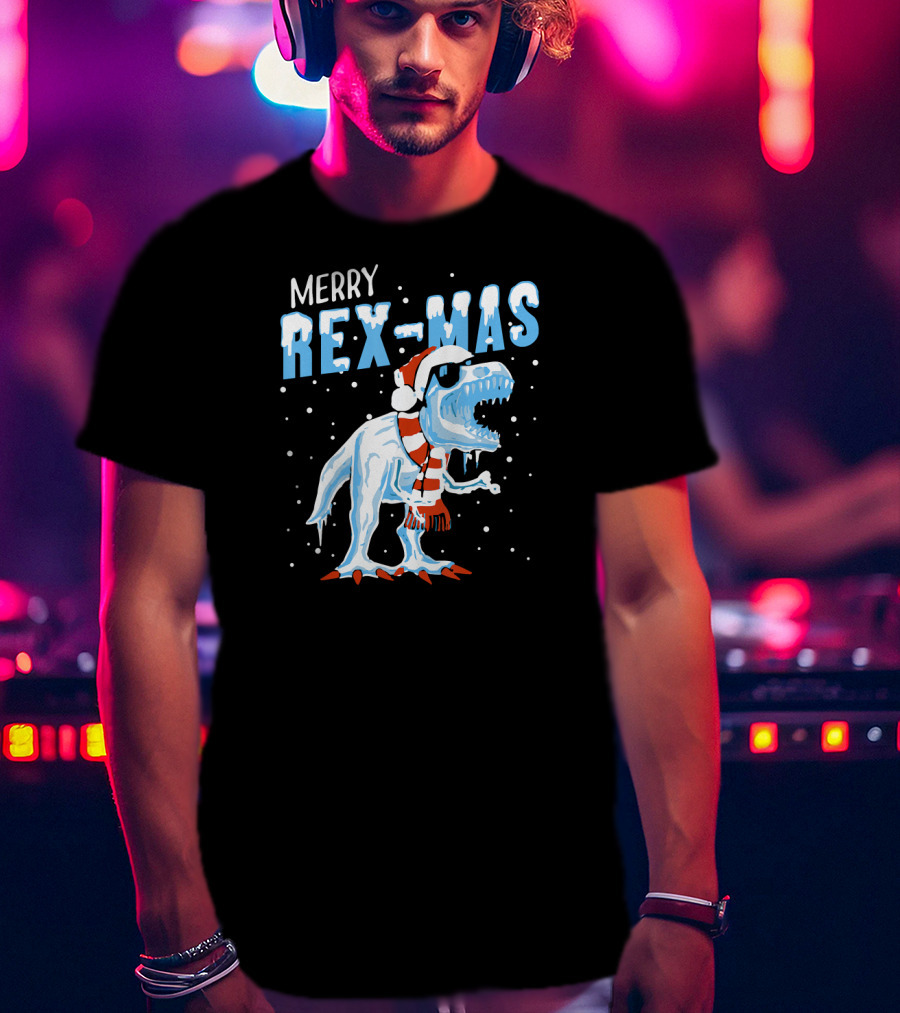 Merry Rexmas Christmas Dinosaur Wearing Santa Hat And Scarf T-Shirt