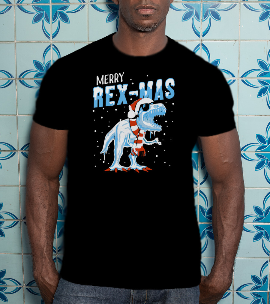 Merry Rexmas Christmas Dinosaur Wearing Santa Hat And Scarf T-Shirt
