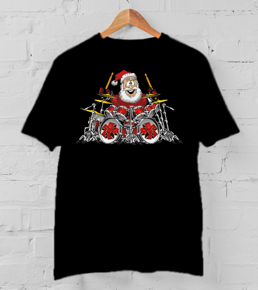 Christmas Santa Drummer Playing Red Drum Kit T-Shirt