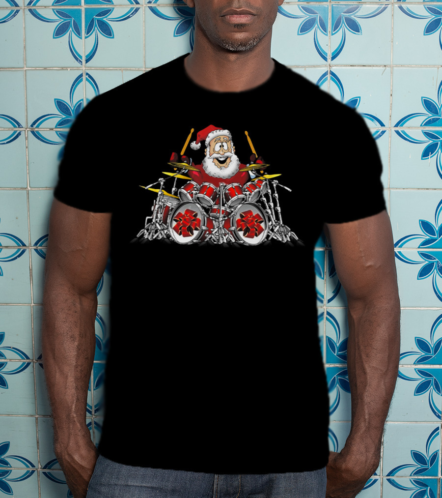 Christmas Santa Drummer Playing Red Drum Kit T-Shirt