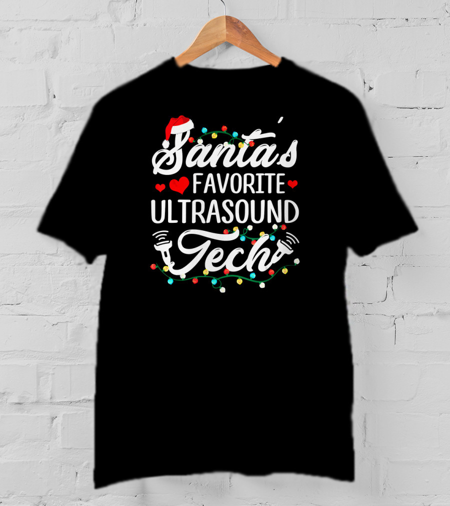 Santa's Favorite Ultrasound Tech Christmas Lights Santa Hat Hearts T-Shirt