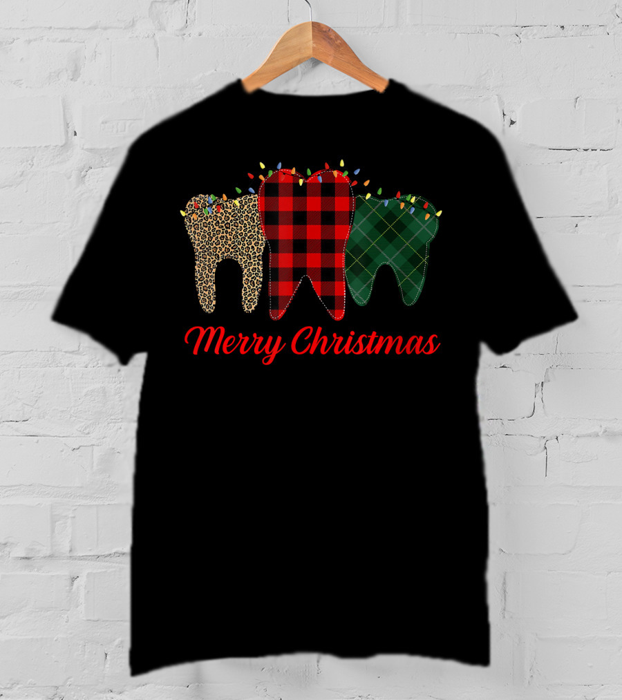 Merry Christmas Teeth Plaid Leopard Pattern With Holiday Lights T-Shirt