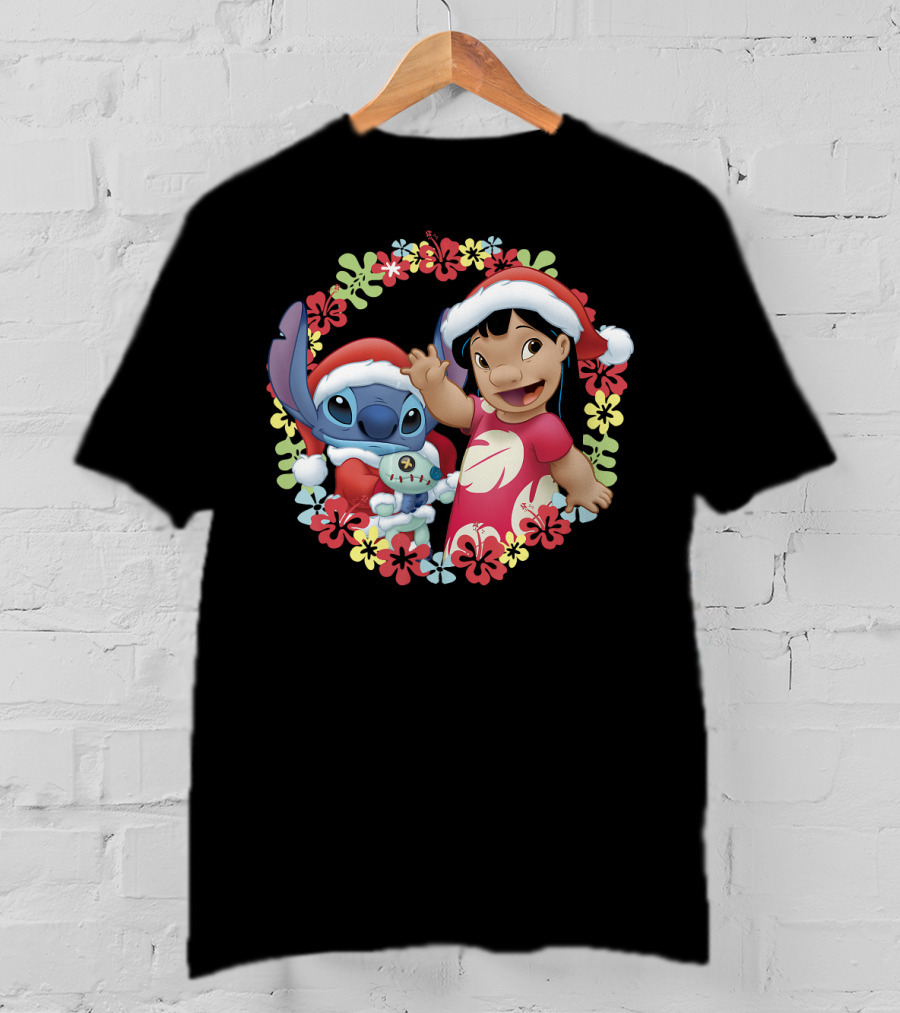 Disney Lilo And Stitch Christmas Santa Hats Hawaiian Flower Wreath T-Shirt