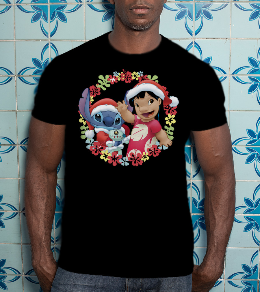 Disney Lilo And Stitch Christmas Santa Hats Hawaiian Flower Wreath T-Shirt