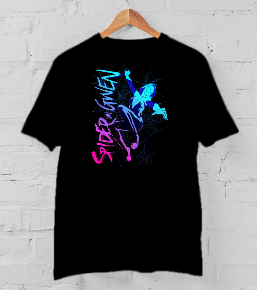 Marvel Spider Gwen Neon Gradient Web Jumping Pose T-Shirt