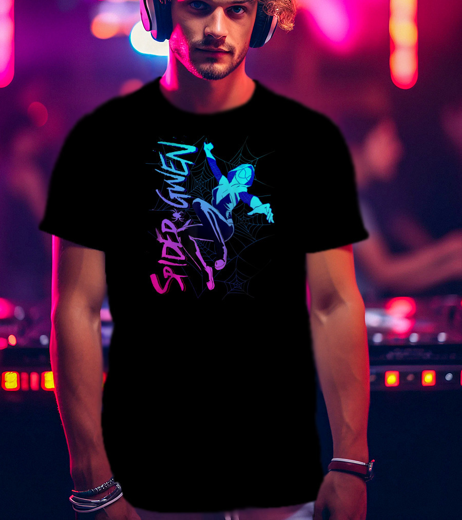 Marvel Spider Gwen Neon Gradient Web Jumping Pose T-Shirt