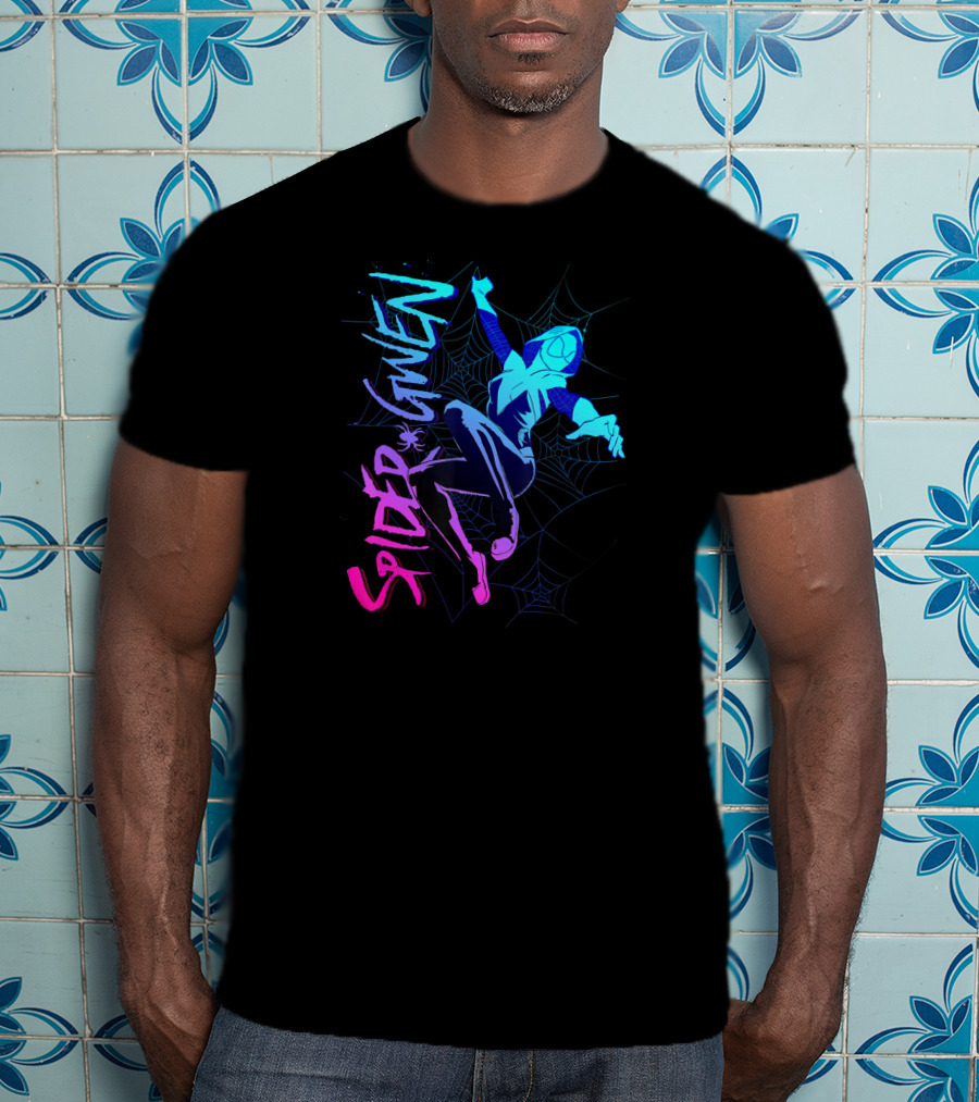Marvel Spider Gwen Neon Gradient Web Jumping Pose T-Shirt