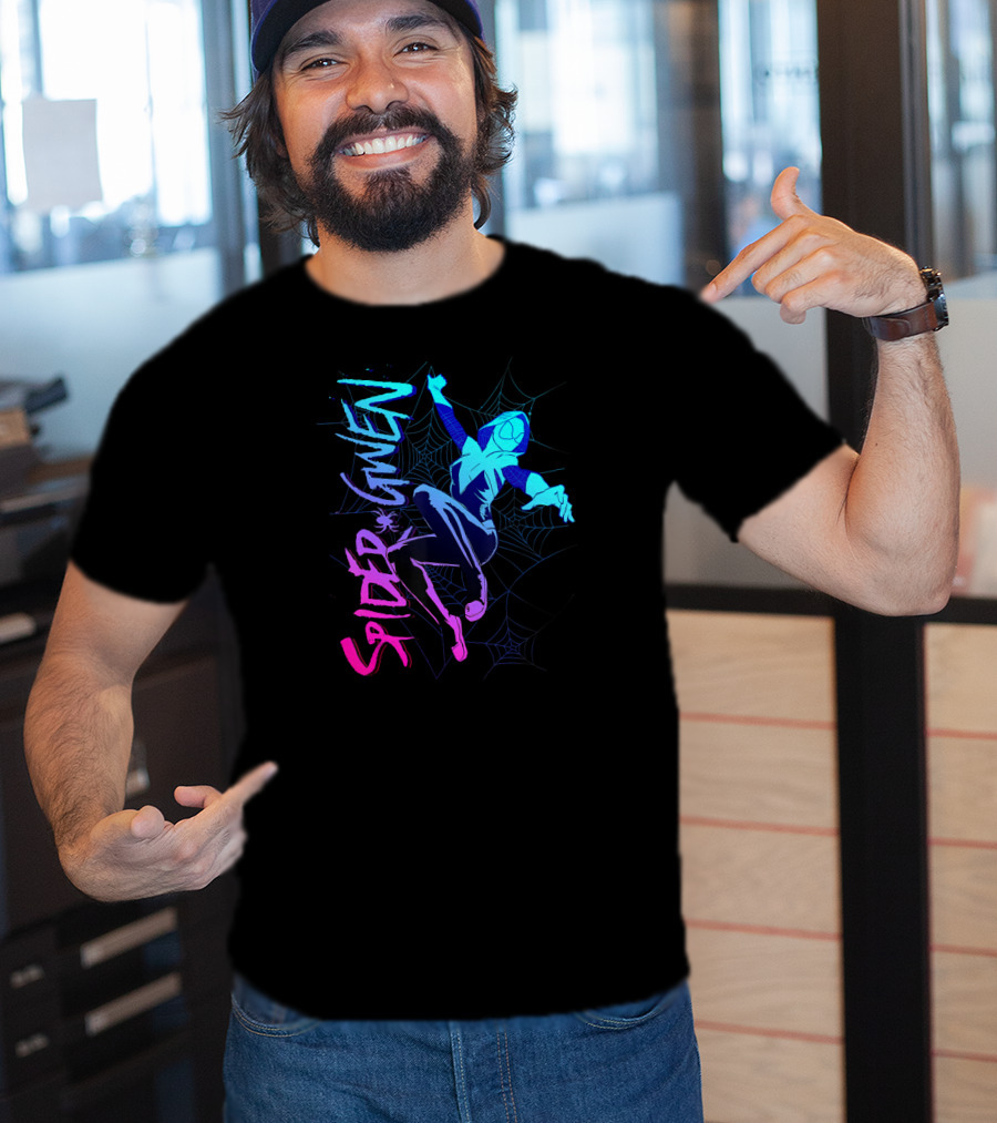 Marvel Spider Gwen Neon Gradient Web Jumping Pose T-Shirt