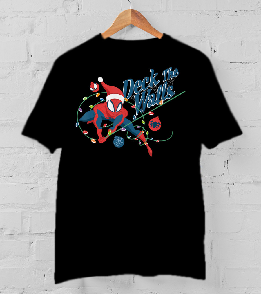 Deck The Walls Marvel Spider Man Holiday Christmas Lights Santa Hat T-Shirt