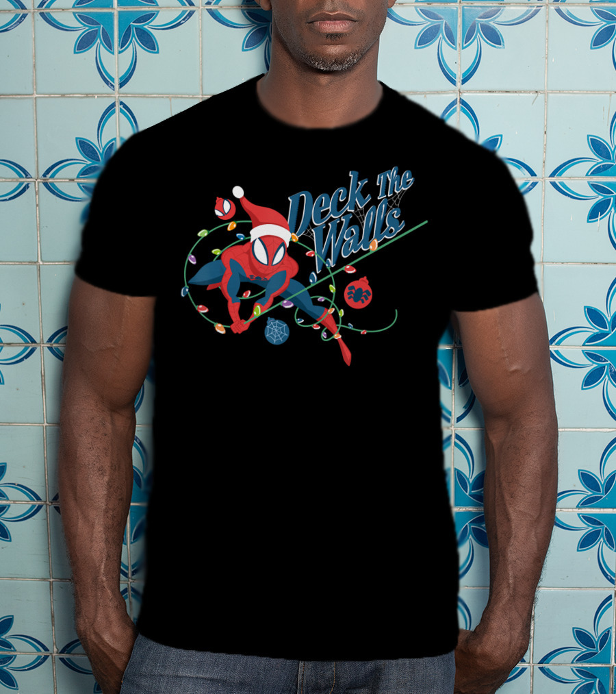 Deck The Walls Marvel Spider Man Holiday Christmas Lights Santa Hat T-Shirt