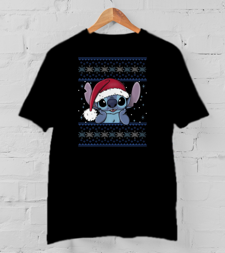Disney Lilo And Stitch Christmas Stitch UglyStyle Santa Hat Snowflakes Festive T-Shirt