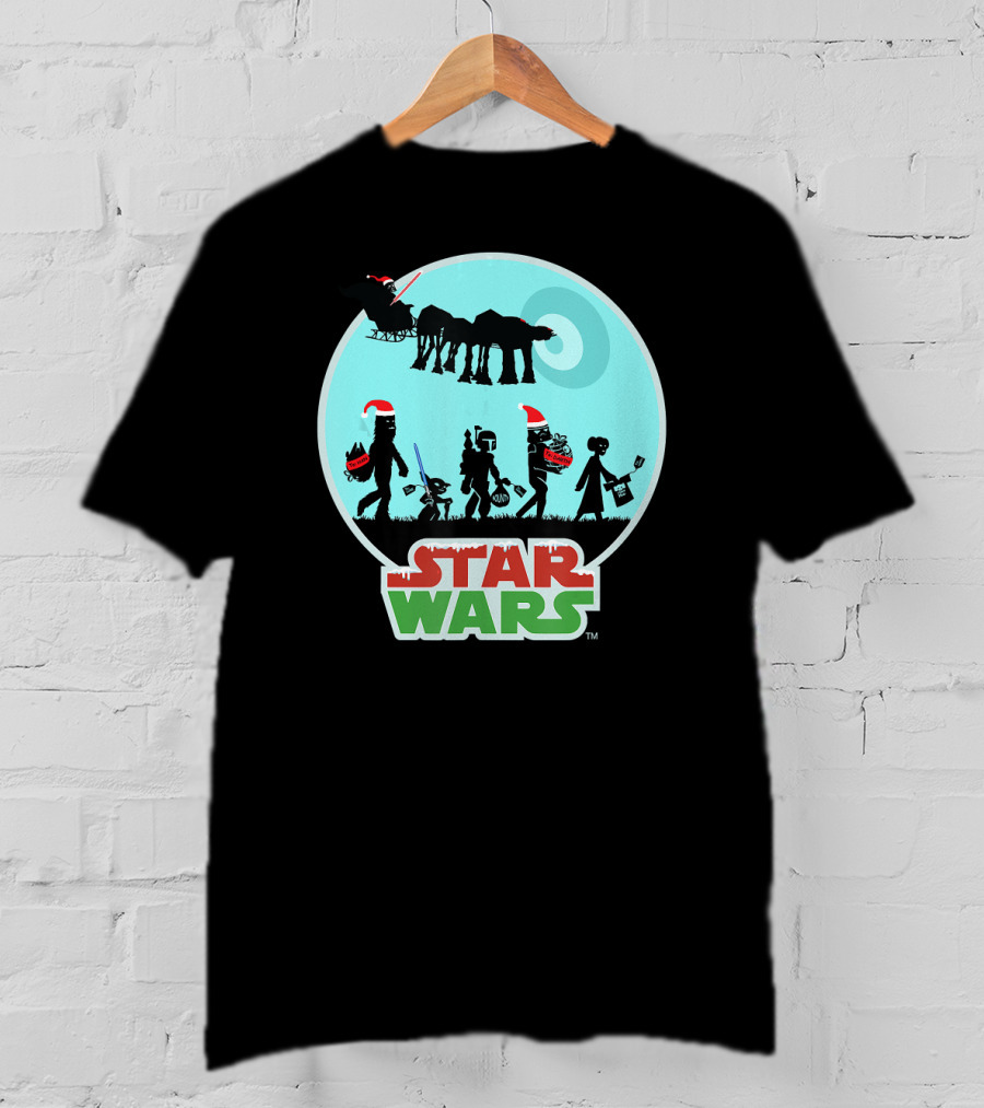 Star Wars Holiday Characters With Santa Hats And Death Star T-Shirt