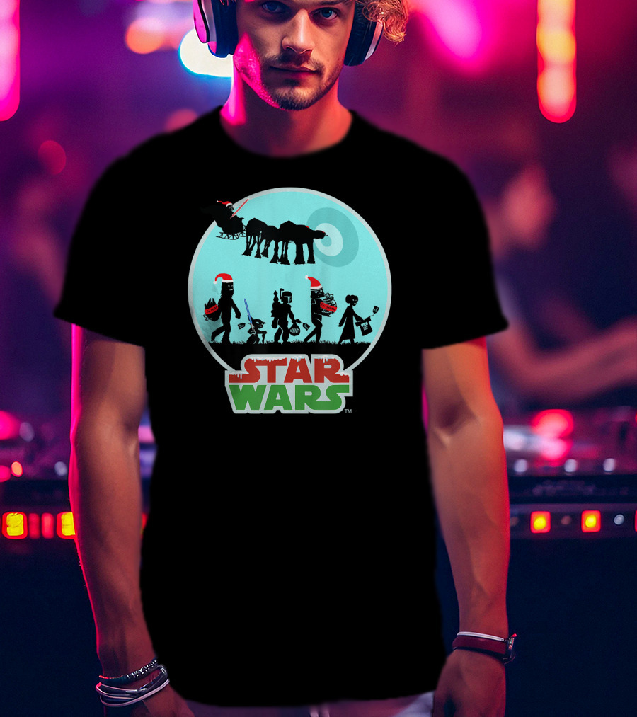 Star Wars Holiday Characters With Santa Hats And Death Star T-Shirt