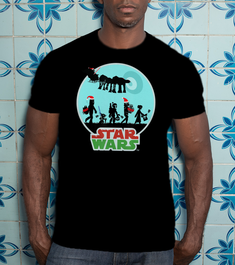 Star Wars Holiday Characters With Santa Hats And Death Star T-Shirt