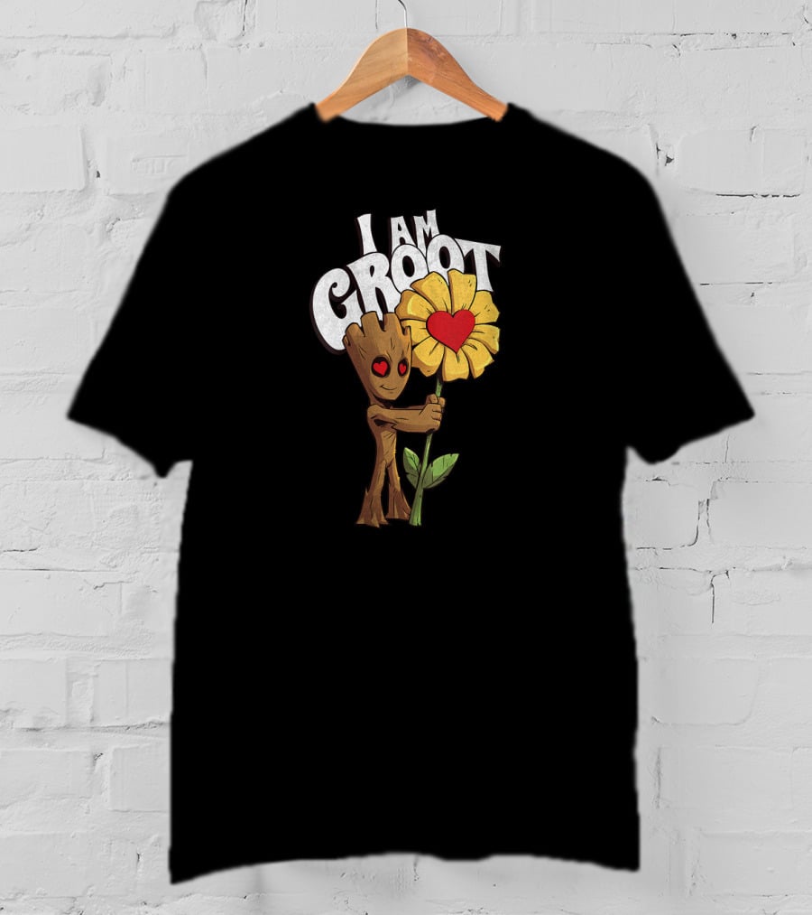 I Am Groot Heart Eyes Holding Sunflower With Red Heart T-Shirt