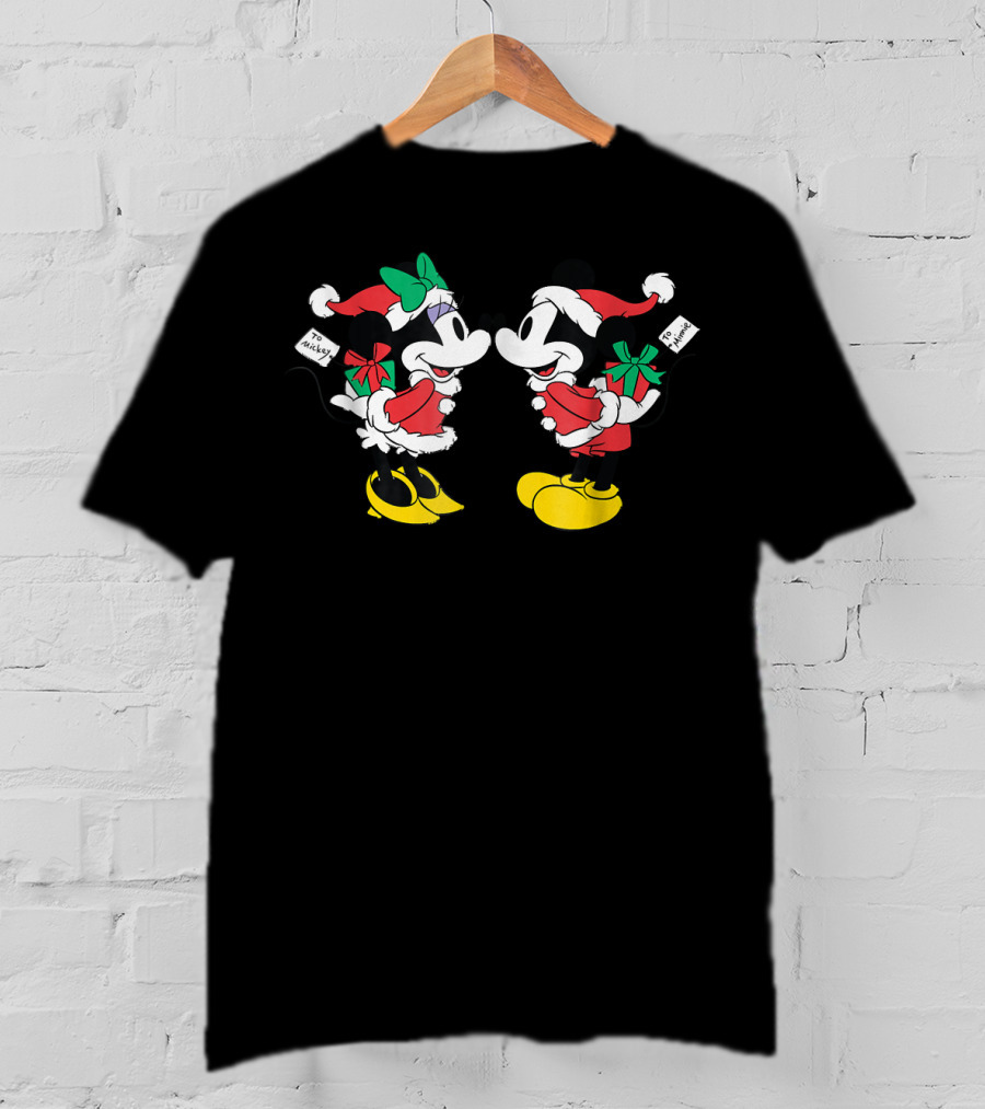 Disney Christmas Mickey Minnie Santa Hats Gift Exchange T-Shirt