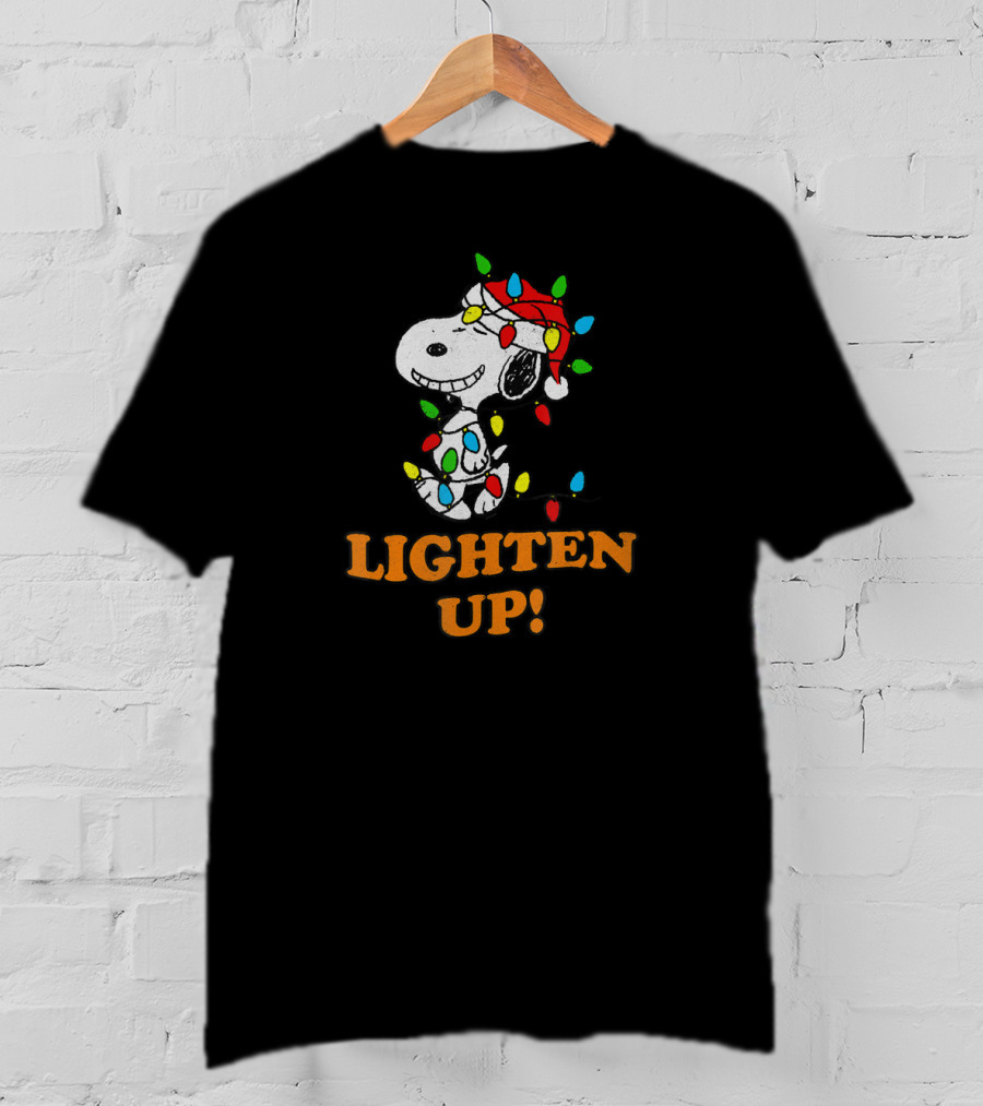 Peanuts Snoopy Christmas Lighten Up With Holiday Lights And Santa Hat T-Shirt