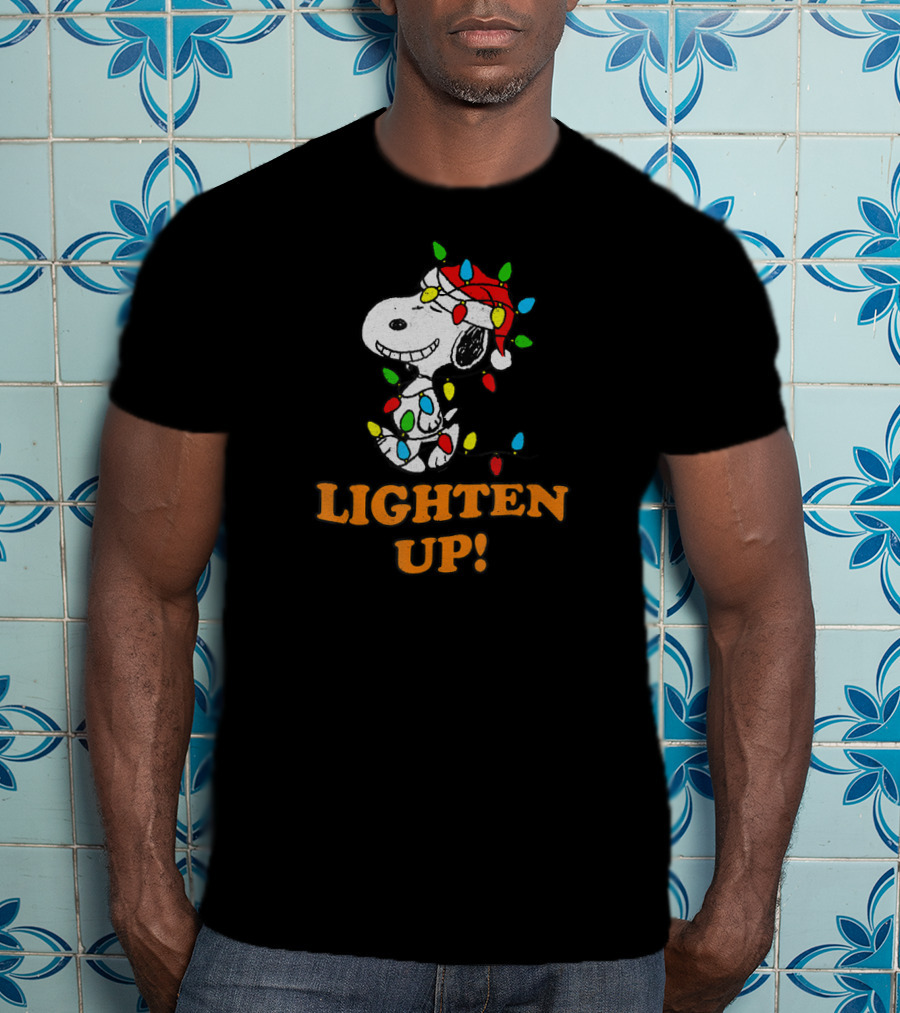 Peanuts Snoopy Christmas Lighten Up With Holiday Lights And Santa Hat T-Shirt