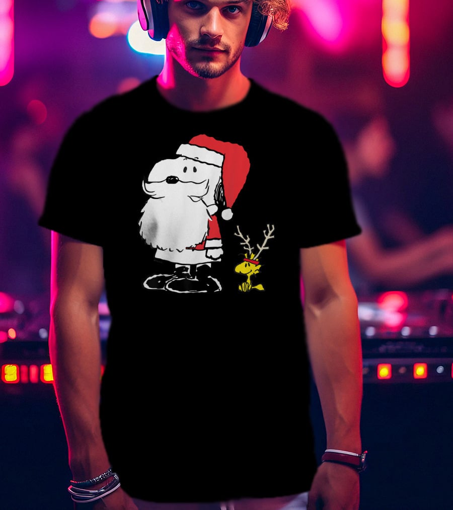 Snoopy Santa With Woodstock Antlers Peanuts Holiday T-Shirt