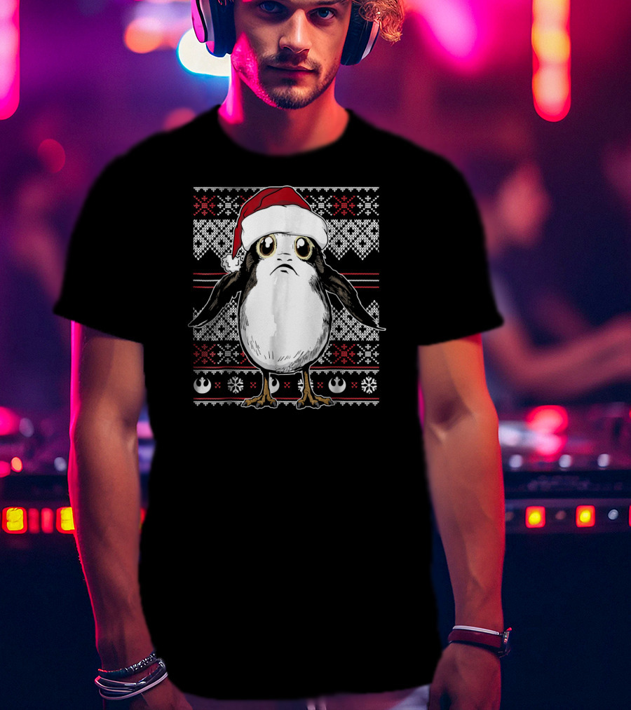 Star Wars Porg Santa Hat Christmas Sweater Pattern Rebel Alliance Snowflakes T-Shirt
