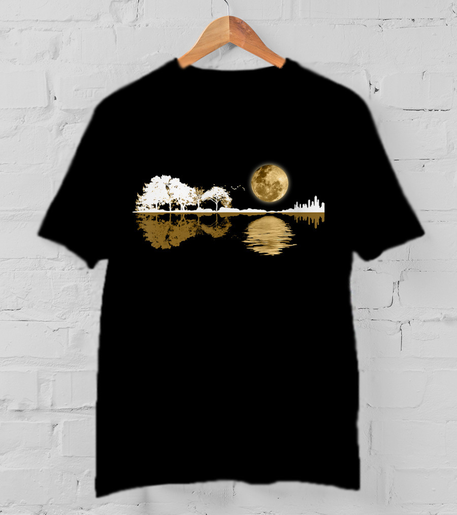 Acoustic Guitar Player Birthday Moonlit Lakeside Reflection T-Shirt