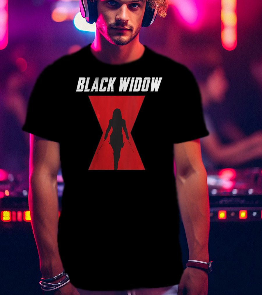 Black Widow Silhouette Red Hourglass Emblem T-Shirt
