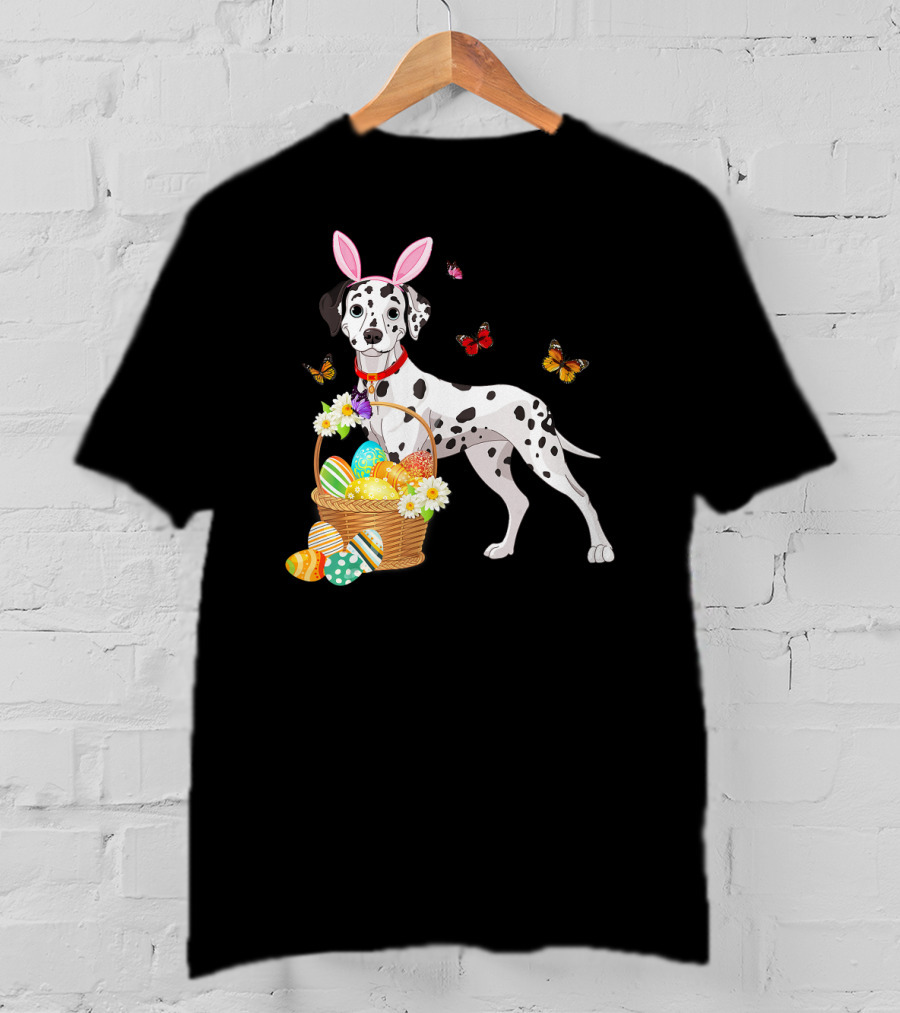 Dalmatian With Bunny Ears Holding Easter Egg Basket And Butterflies T-Shirt