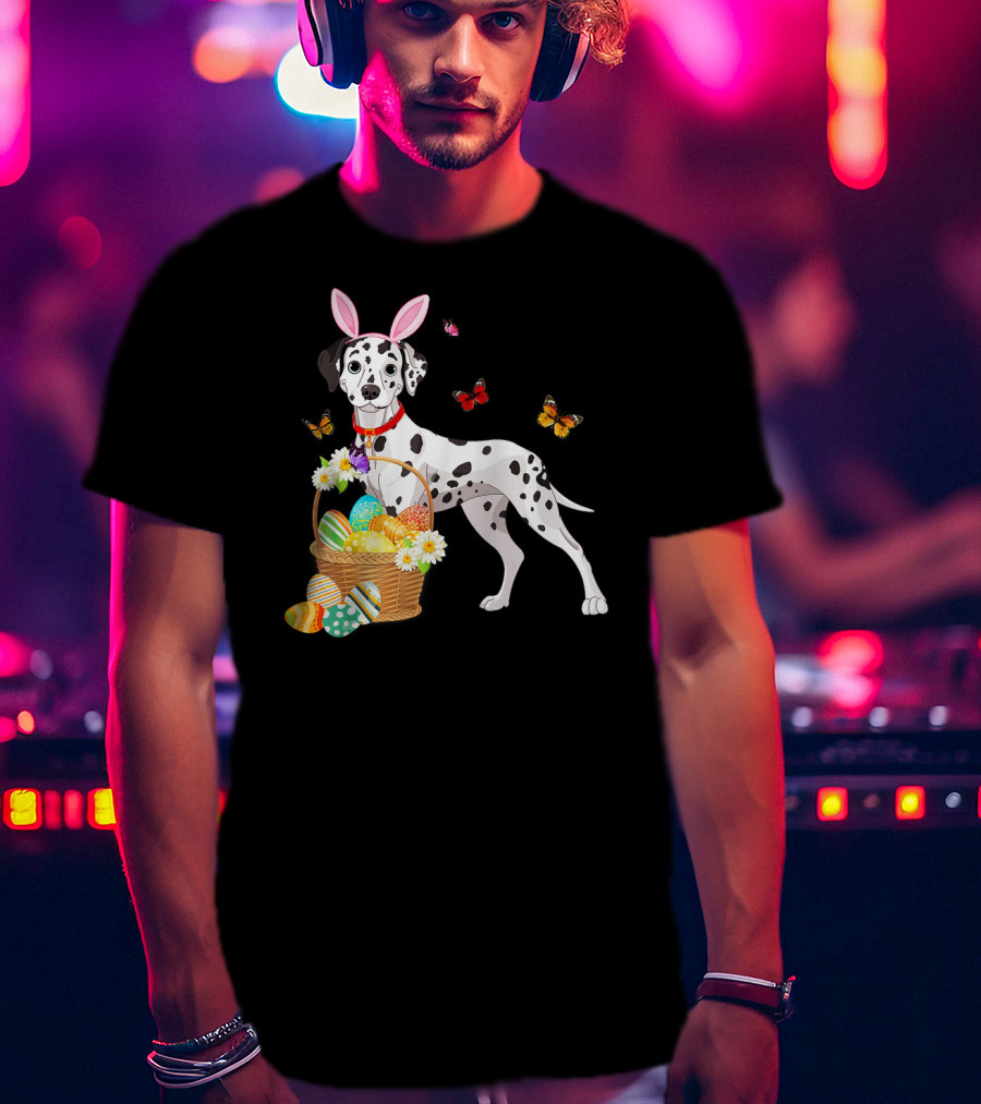 Dalmatian With Bunny Ears Holding Easter Egg Basket And Butterflies T-Shirt