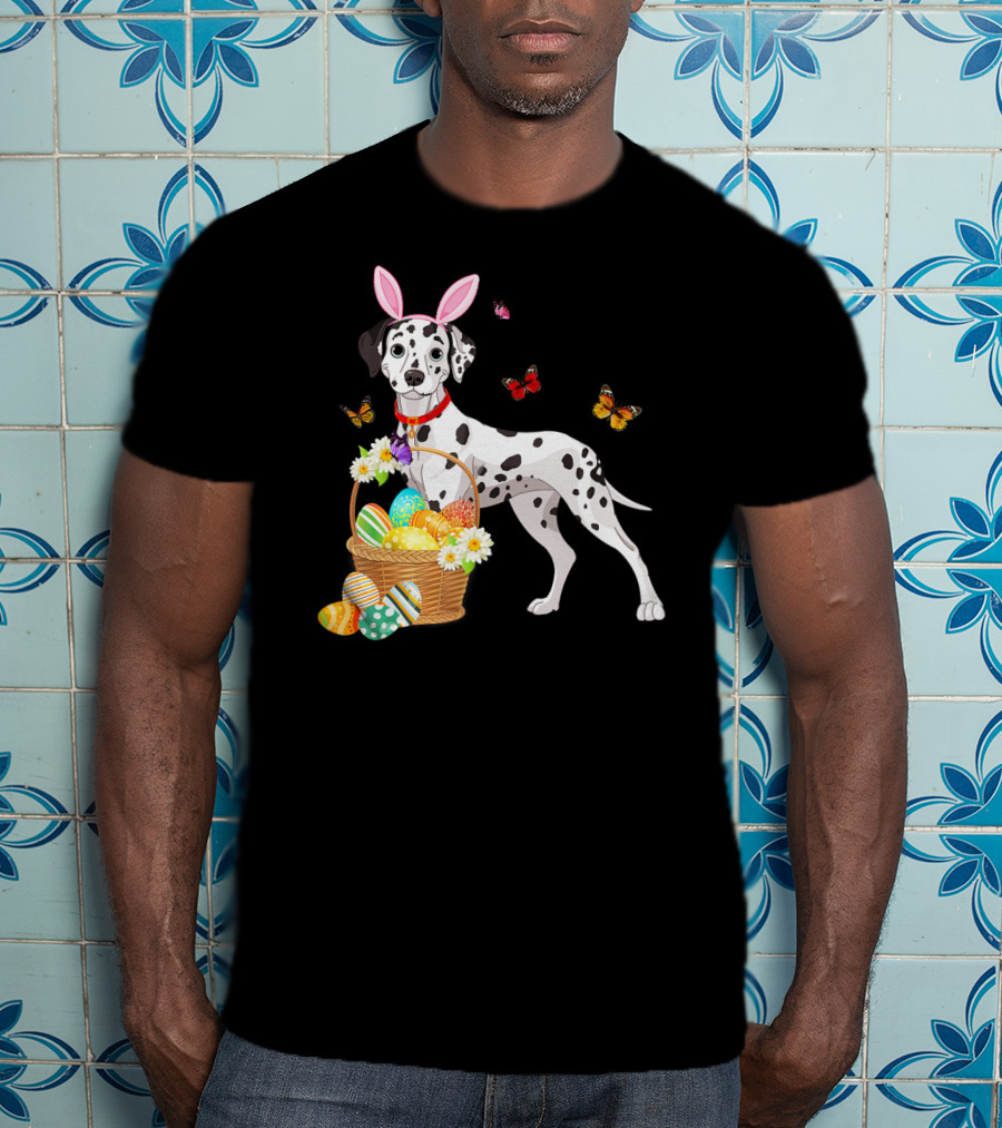 Dalmatian With Bunny Ears Holding Easter Egg Basket And Butterflies T-Shirt