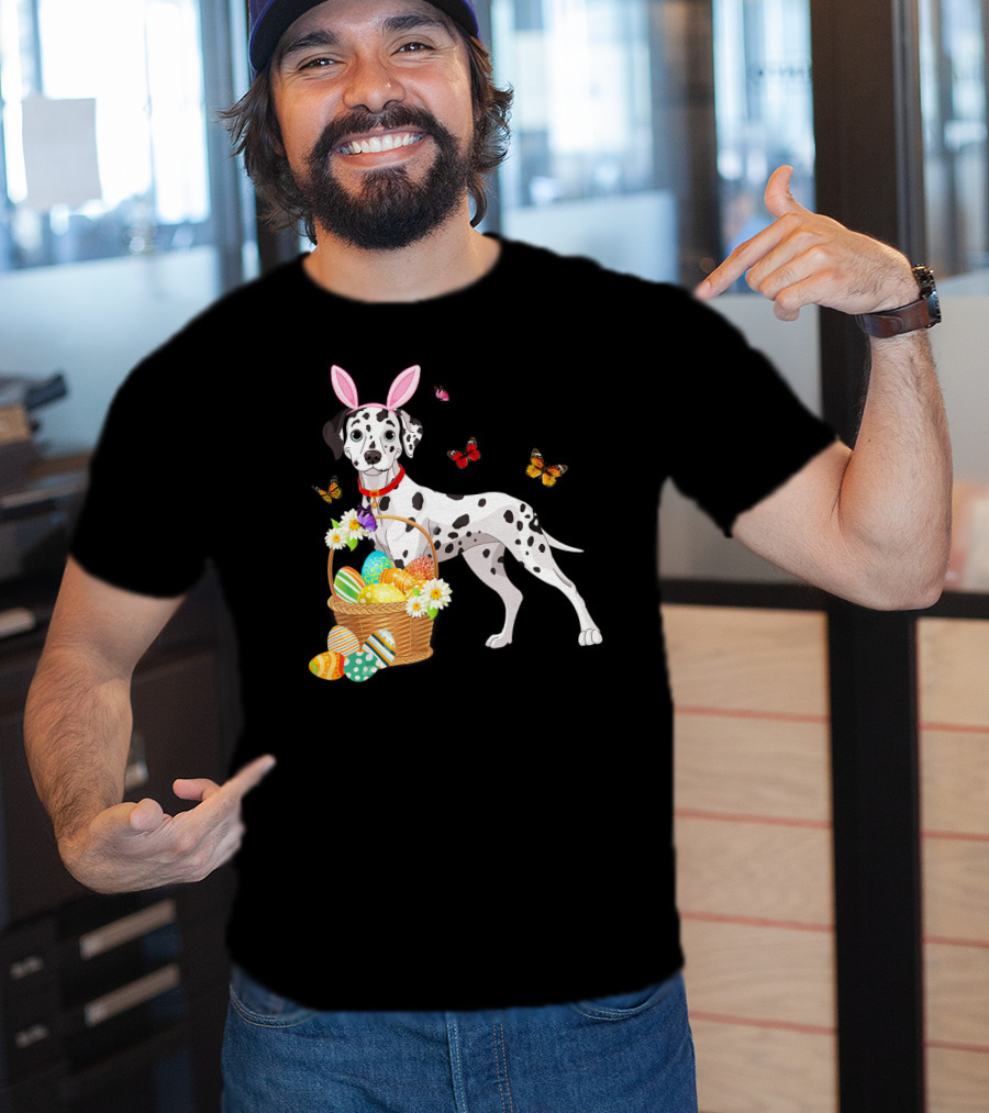 Dalmatian With Bunny Ears Holding Easter Egg Basket And Butterflies T-Shirt