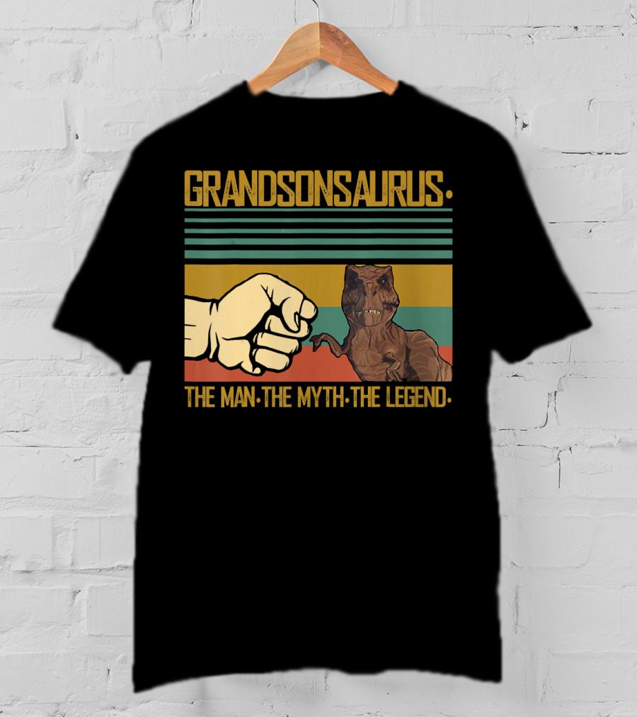 Grandsonsaurus The Man The Myth The Legend Dinosaur Fist Retro Stripes T-Shirt