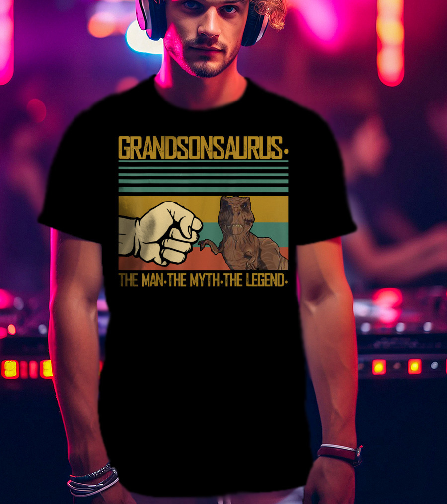 Grandsonsaurus The Man The Myth The Legend Dinosaur Fist Retro Stripes T-Shirt
