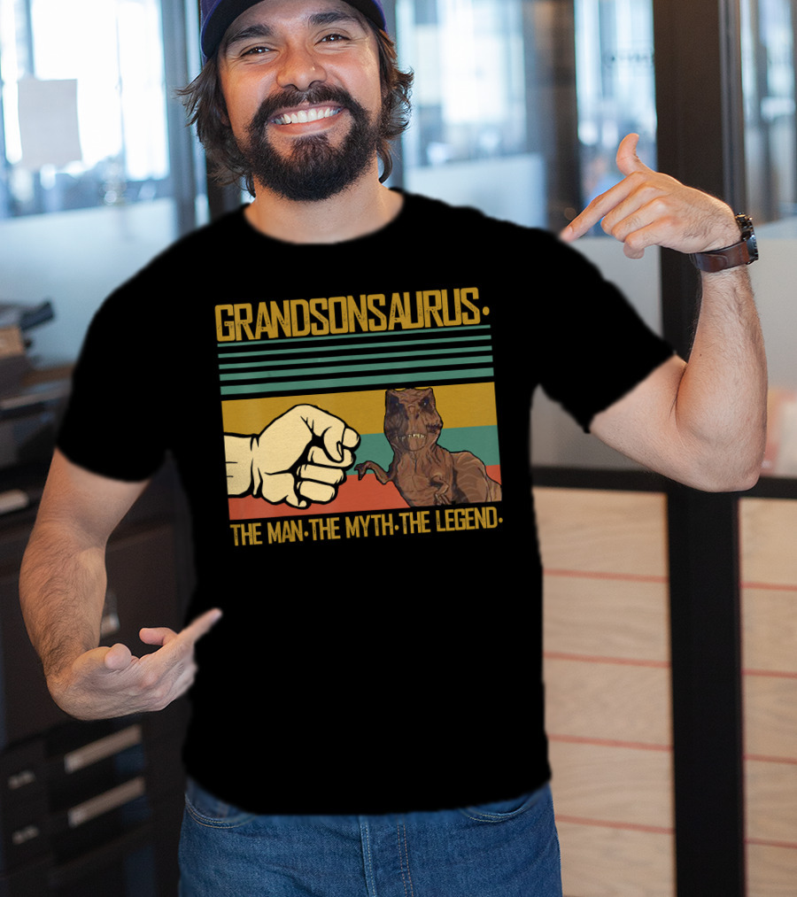 Grandsonsaurus The Man The Myth The Legend Dinosaur Fist Retro Stripes T-Shirt