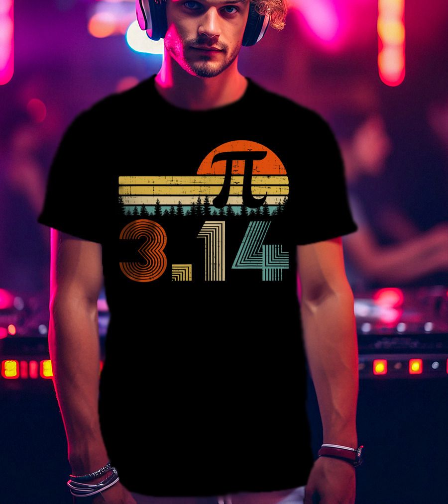 Pi Day Math Teacher 3.14 Retro Sunset Forest T-Shirt