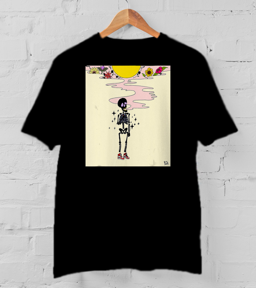 Smoking Skeleton Sun Flowers Sneakers Graphic Fashion T-Shirt