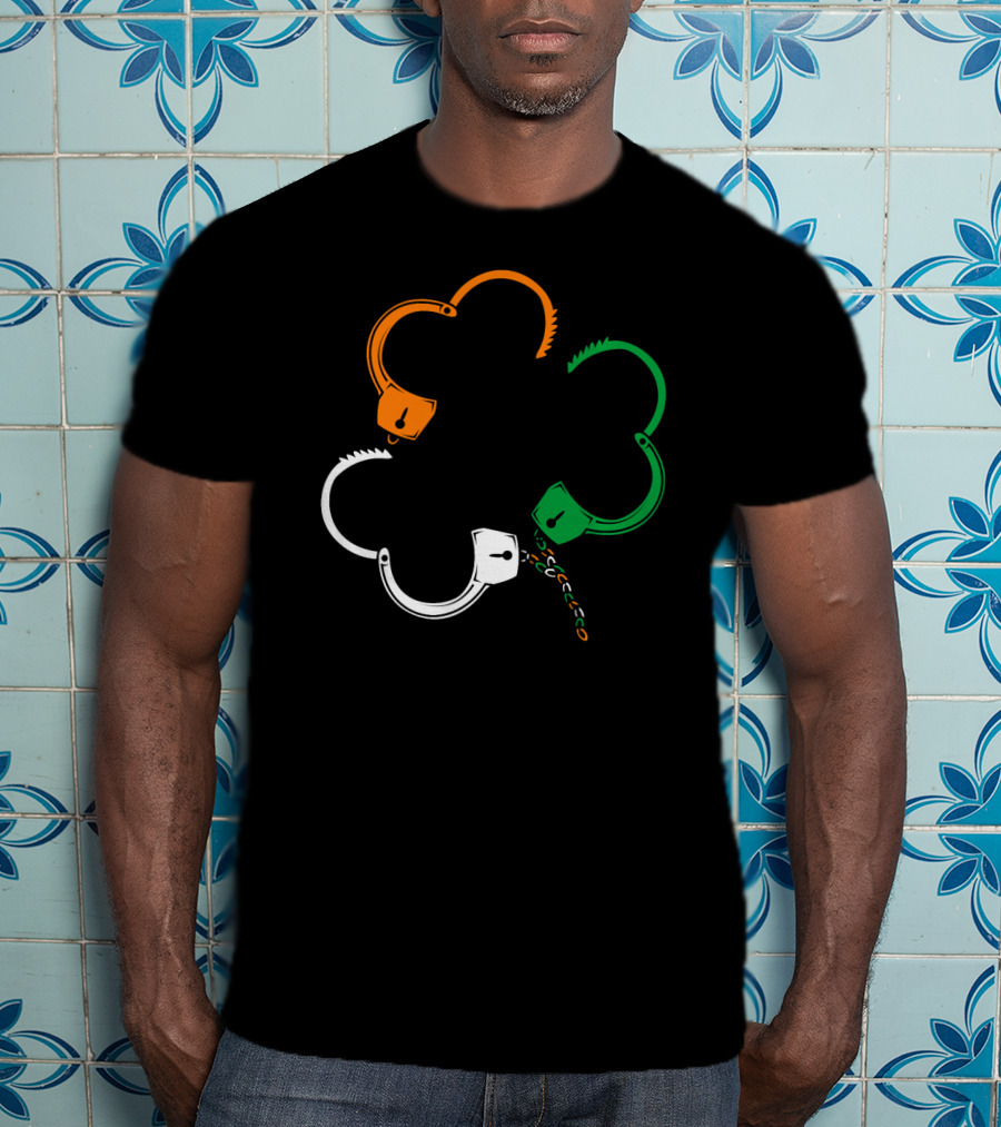 St Patricks Day Irish Flag Handcuffs Clover Police Officer T-Shirt