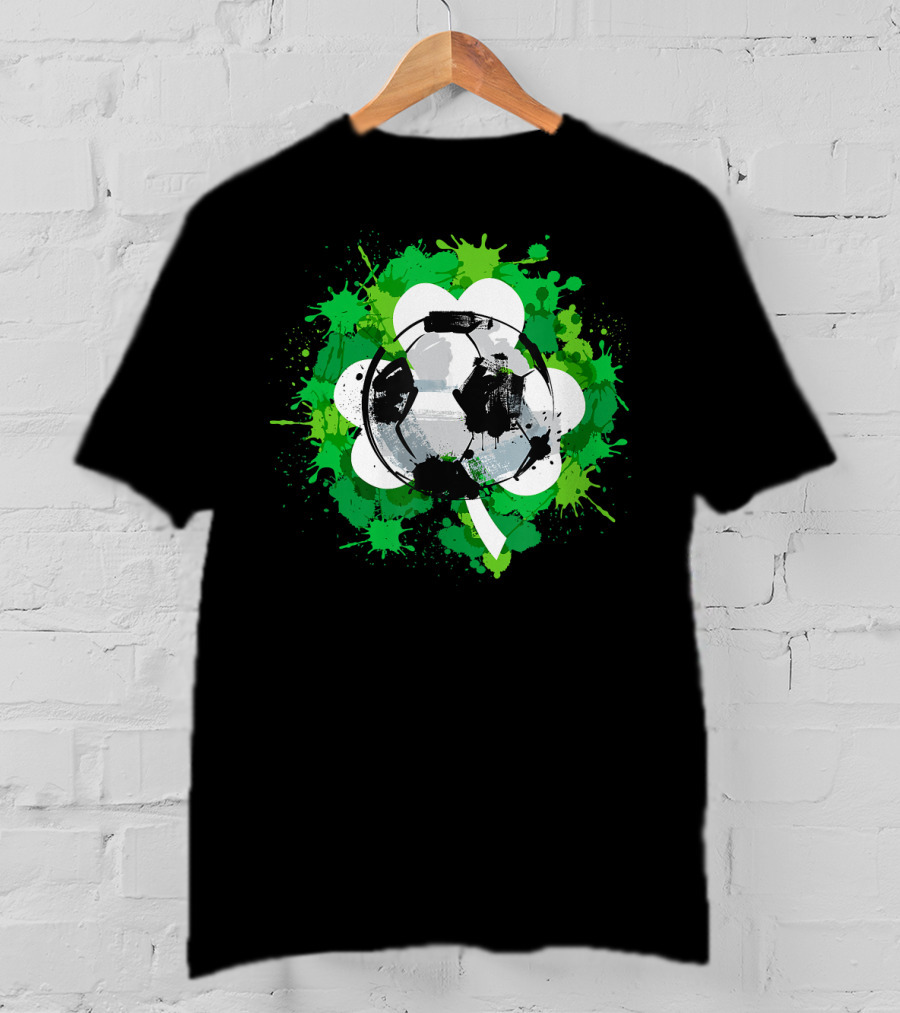 St Patrick's Day Soccer Ball Shamrock Green Splatter T-Shirt