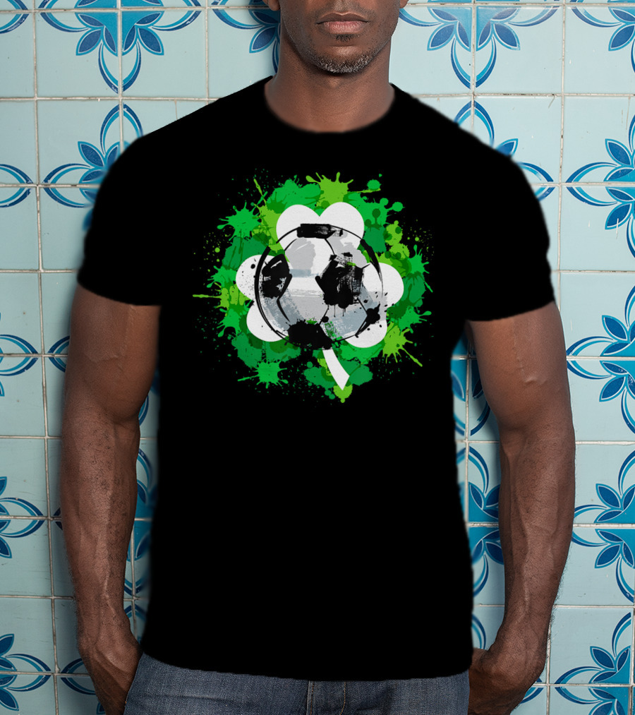 St Patrick's Day Soccer Ball Shamrock Green Splatter T-Shirt