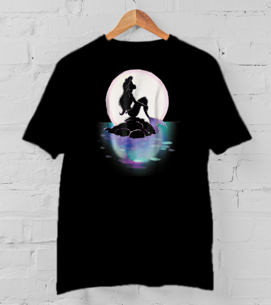 Disney Ariel Little Mermaid Silhouette Against Colorful Sunset Moon T-Shirt