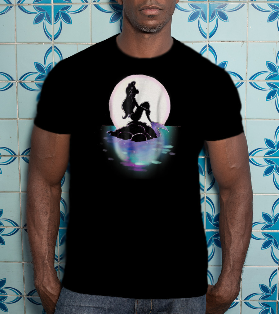 Disney Ariel Little Mermaid Silhouette Against Colorful Sunset Moon T-Shirt