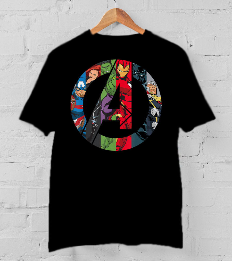 Marvel Avengers A Logo Captain America Black Widow Hulk Iron Man Thor T-Shirt