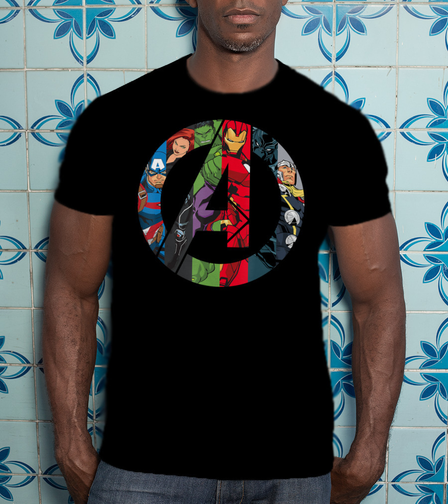 Marvel Avengers A Logo Captain America Black Widow Hulk Iron Man Thor T-Shirt