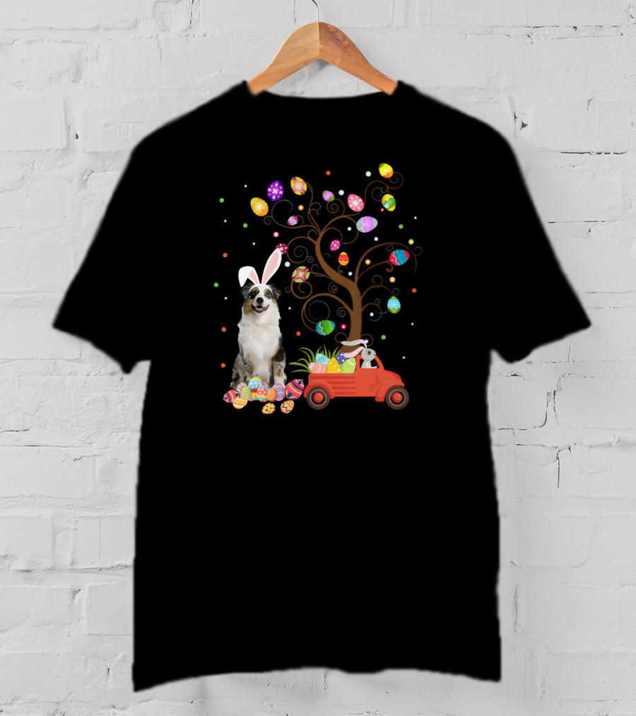 Australian Shepherd Bunny Ears Easter Eggs Tree Truck T-Shirt