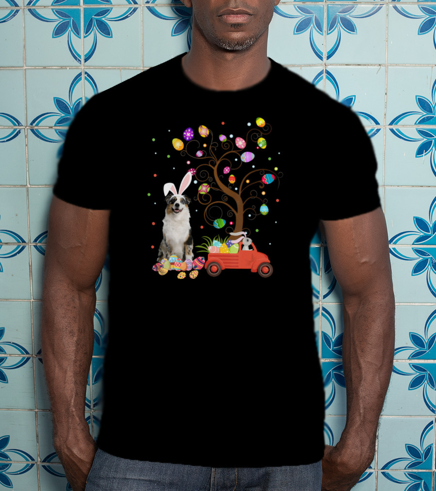 Australian Shepherd Bunny Ears Easter Eggs Tree Truck T-Shirt